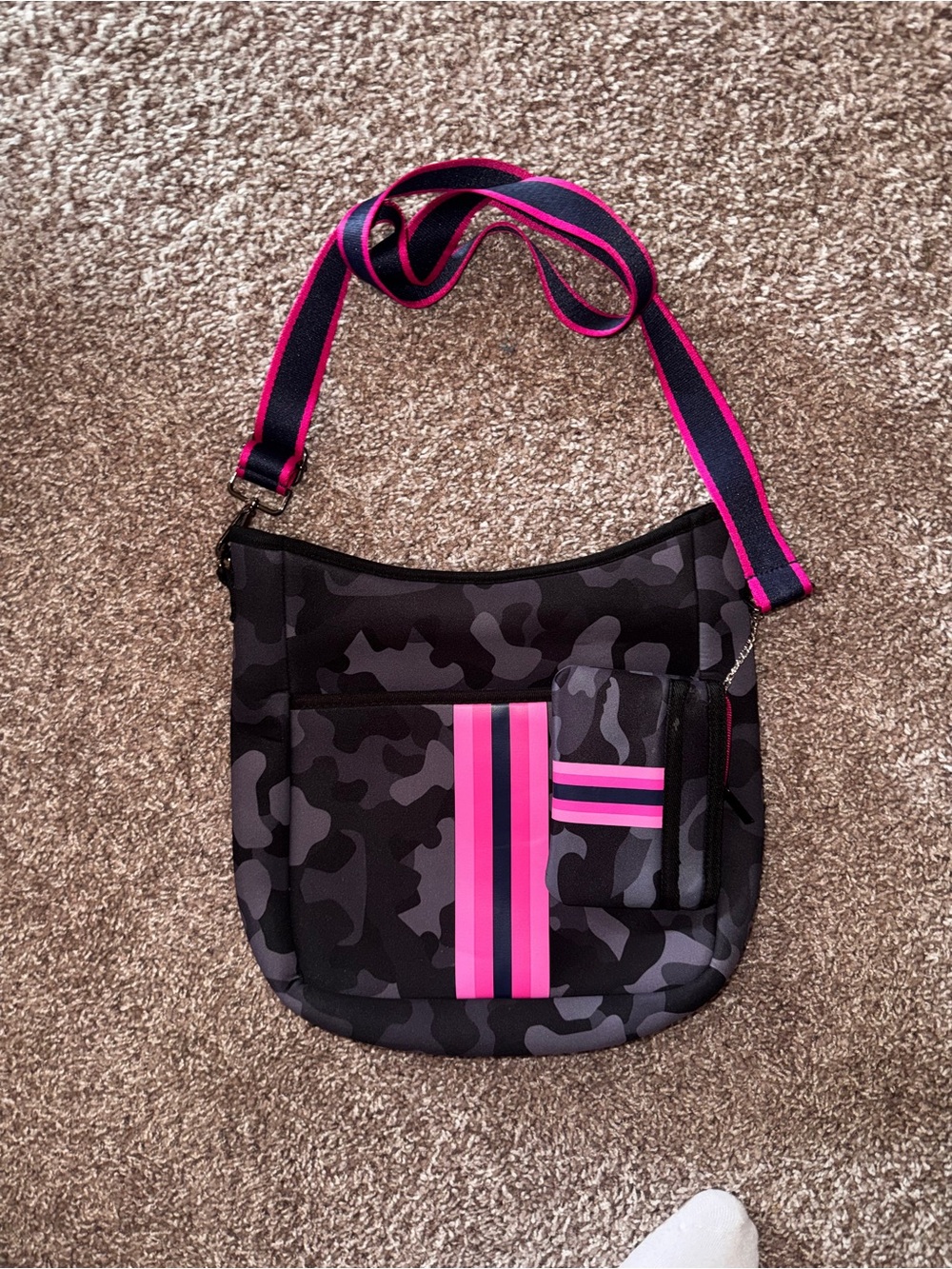 HAUTE SHORE Black Camo Crossbody with Pink Stripe Accents